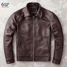 Men  s Genuine Leather Jacket Brown Biker Motorcycle Casual Zip Up Coat