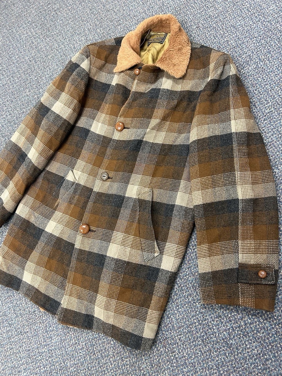 VTG Pendleton Wool Coat Mens L Brown Plaid Faux Fur Retro Jacket