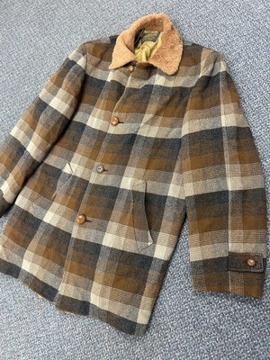 VTG Pendleton Wool Coat Mens L Brown Plaid Faux Fur Retro Jacket