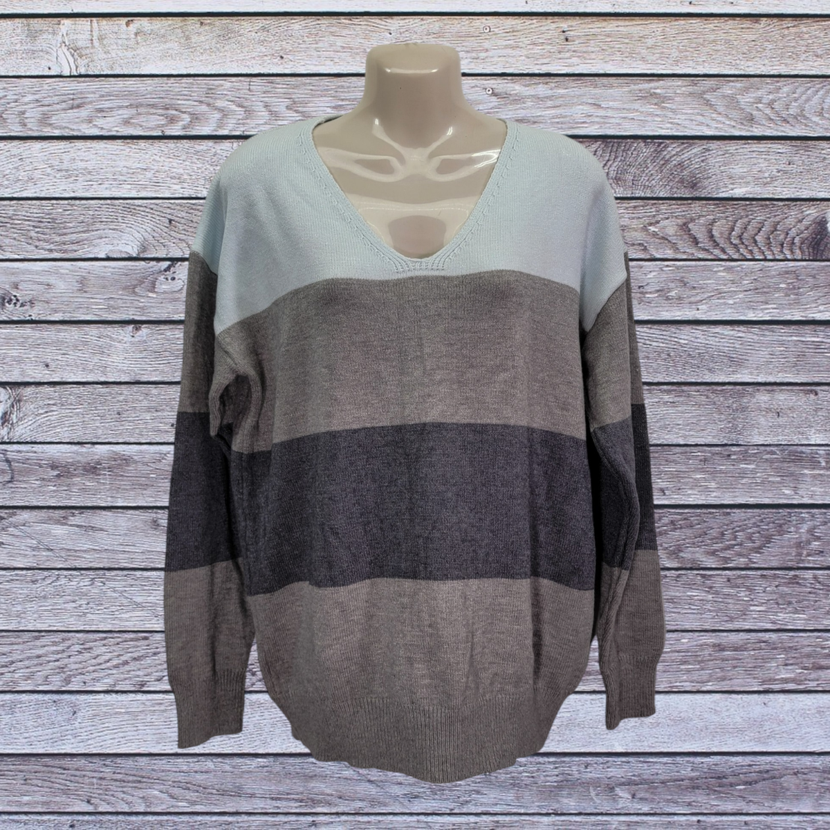 Shein Women's Sweater XL Gray Striped Long Sleeve Pull-over V-neck
