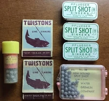 7 Lot Vintage Split Shot & Sinker Tins Pflueger, Amilog, Water Gremlin & Twiston
