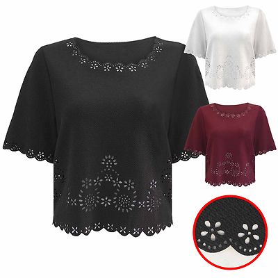 NEU DAMEN LASERGESCHNITTENES OBERTEIL MIT JACKENKANTE DAMEN KASTIG BAUCHFREI KURZARM BLUSE SAUM