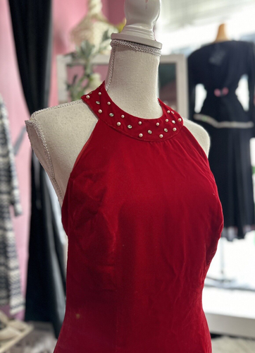 Vintage 80s 90s Maxi Dress Velvet Red Rhinestones Halter Neck Holiday Party M/L - Picture 5 of 8