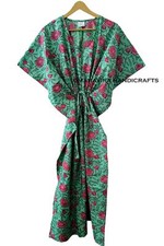 Cotton Loose Short Sleeve Floral Print Rama Green Free Size gypsy Caftan Dress