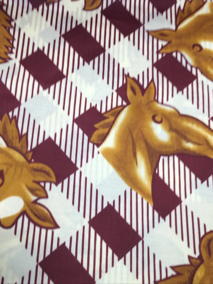 Vintage Golden Horse Head on Beige and Maroon Checkered Background Fabric 3/4 Yd - Image 2 of 4