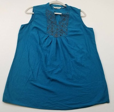 St. John s Bay Tank Top Womens M Medium Blue Split Neck Beaded Sleeveless Cotton