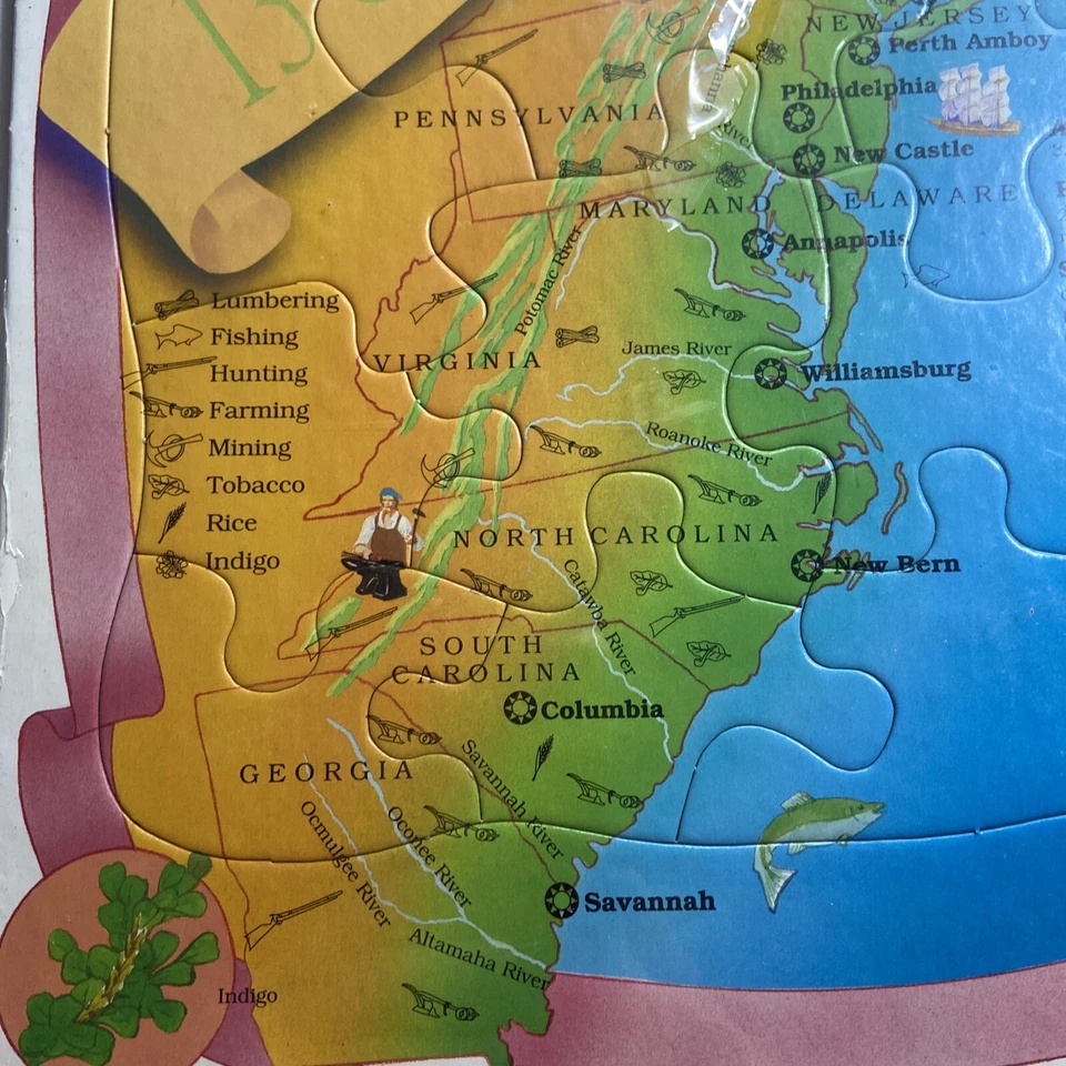 复古 1992 年框架托盘拼图 13 个殖民地地图全新未拆封 — 第 4/4 张图片