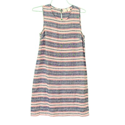 St Tropez West 100% Linen Tank Shift Dress Blue Red Tan Horizontal Stripe Sz 4