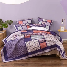 DaDa Bedding Spring Blossom Purple Peach Patchwork Cotton Floral Bedspread Set