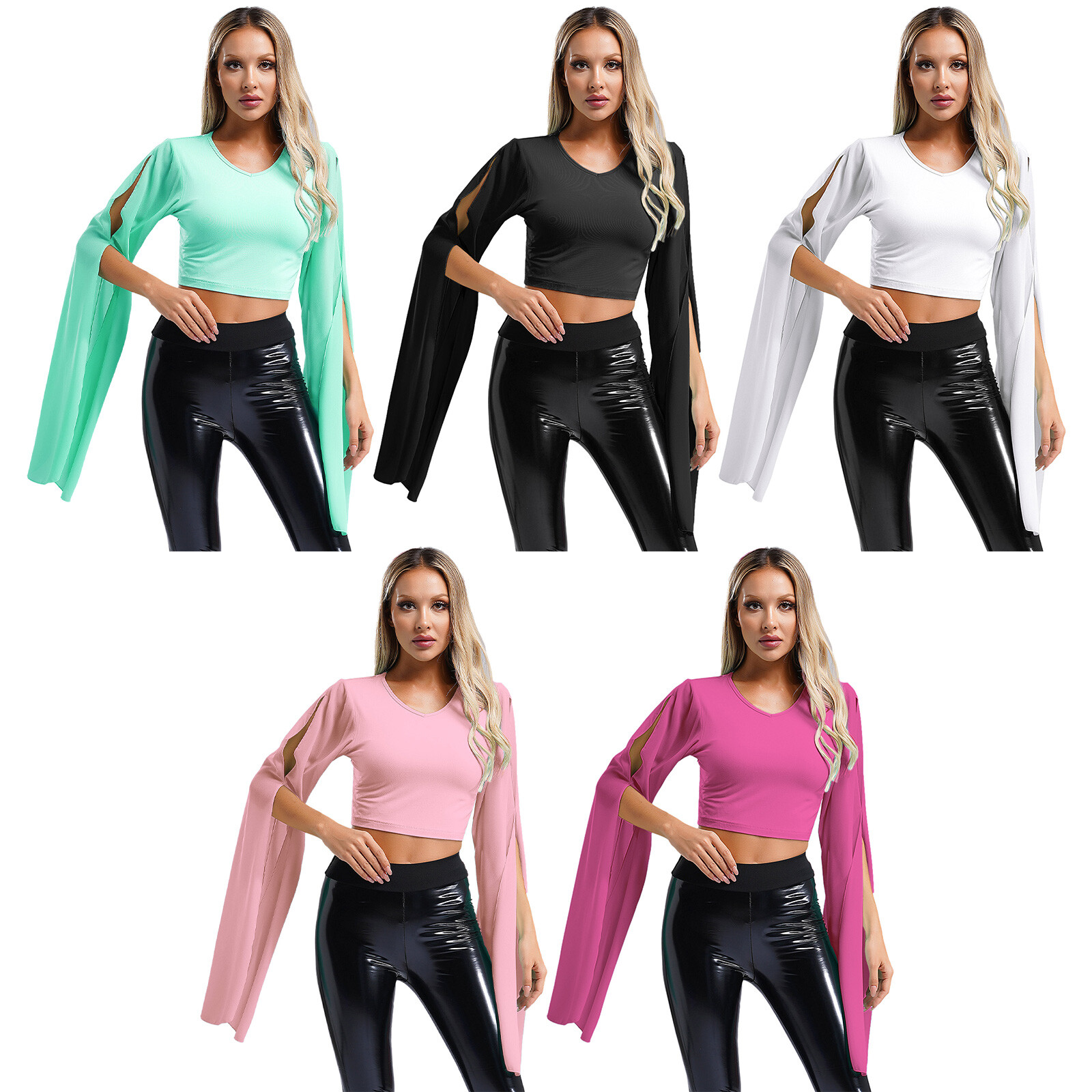 Womens Crop Top Party Tank Vest Performance Dance Tops Latin Long Sleeve Ladies-image