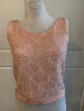 Beaded Sequin Tank Top 50s 60s Pink Zip Back Vintage