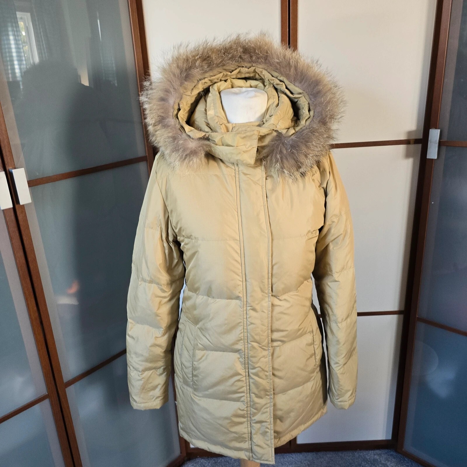 Tommy Hilfiger Puffer Jacket Size Small beige Women's Long Winter Coat fur hood