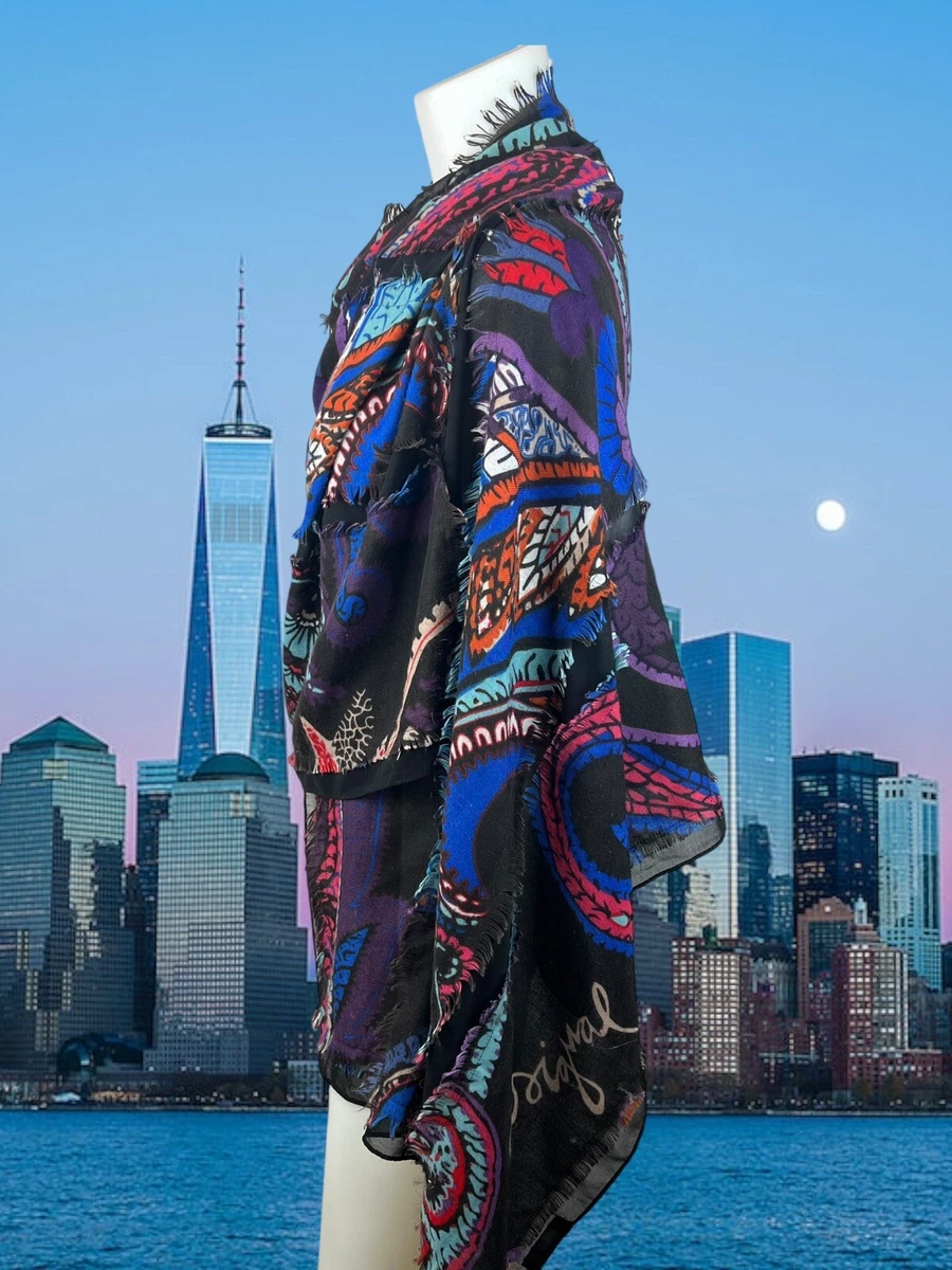 Desigual Womens Large Black Paisley Print Shawl Wrap Multi Use 74u0026#034; x  27u0026#034; Fringe | eBay