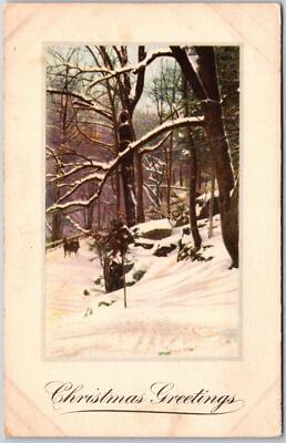 Merry Christmas To You, Holiday Greetings Card, Snow in Forest, Vintage Postcard