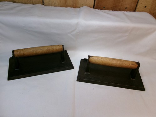 Lot of 2 Vintage Cast Iron Bacon Meat Burger Griddle Grill Press w/Wood Handles