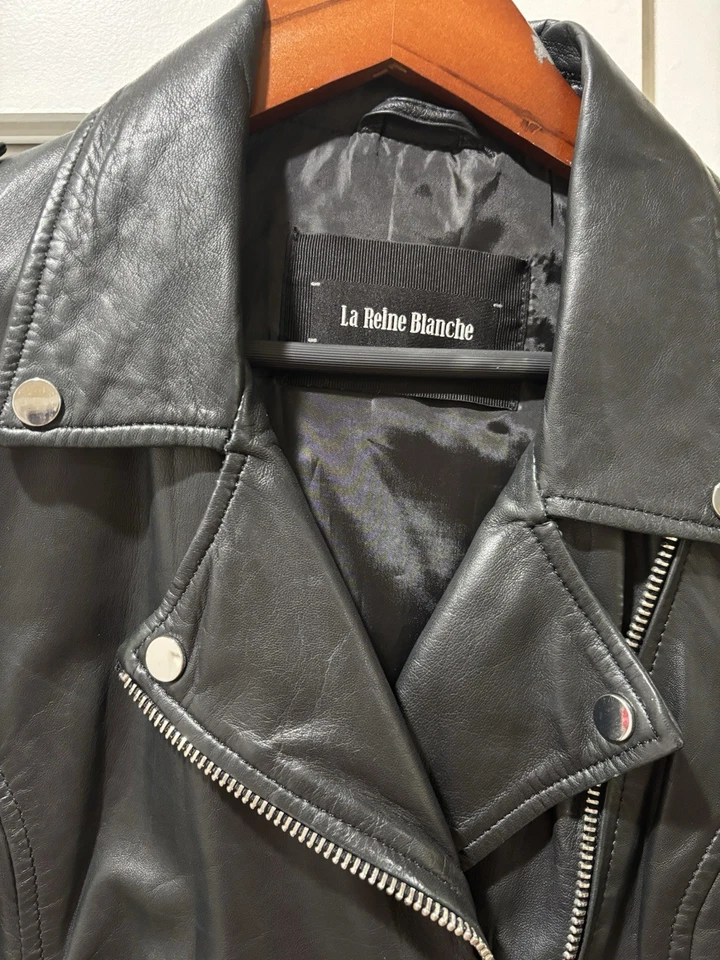 Chaqueta de moto de cuero genuino para mujer, talla M, negra, cuero muy suave Foto 2 de 4