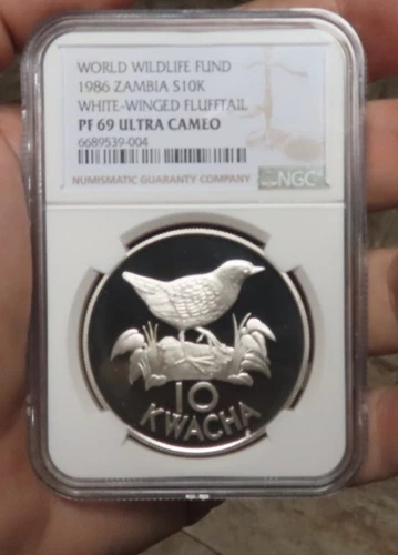 1986 Zambia Silver 10 Kwacha, White-Winged Flufftail WWF NGC PF 69 African Coi