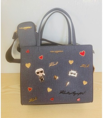 Karl Lagerfeld Maybelle Faux Leather Denim Effect Satchel w/ Pins Pouch LH5D48BJ