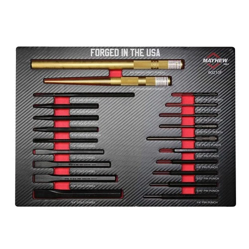 Mayhew 21pc Punch and Chisel Set 60210F w Foam Block Pilot Pin Solid Made in USA