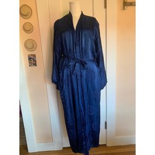 Vintage Navy Blue Satin Jacquard Kimono Robe Long Floral Pagoda Wrap Pocket Belt