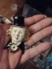 Vintage Red Nose Clown Brooch Pendant Gold Tone Ivory Enamel