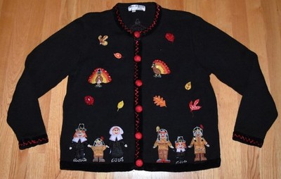 VTG Jack B Quick Womens Thanksgiving Cardigan Sweater Pilgrim Native American L