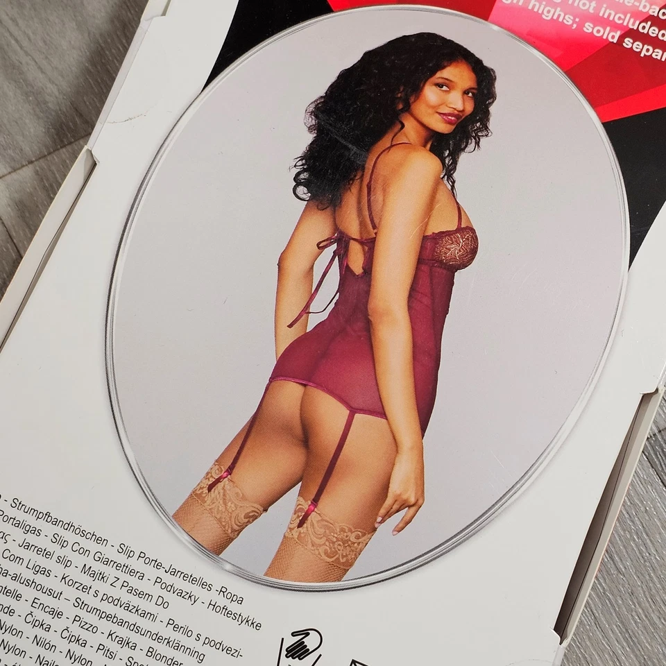 Lencería liguera sexy de malla y encaje Dreamgirl, borgoña y dorada, talla única Foto 4 de 4