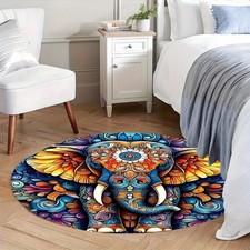 140cm 140cmRound Elephant Mandala Welcome Mat - Vibrant BlueOrangeYellowPurpleRe