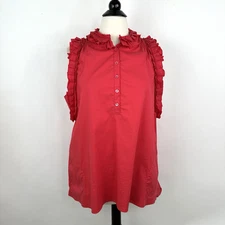 BCBGMaxAzria Ruffled Sleeveless Tunic Top LARGE Azalea Red Racerback Pockets