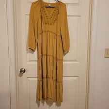 Old Navy Mustard Yellow Embroidery Boho Tiered Maxi Dress Size M Prairie Cottage
