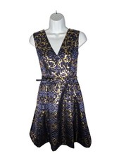 Vince Camuto Women's V-Neck Fit Flare Metallic Gold Navy Jacquard Dress Size 4