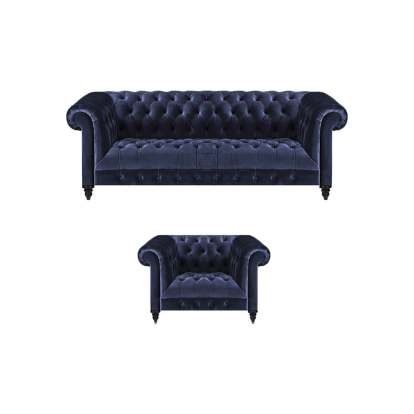Chesterfield Komplett Sessel Blau Sofa Dreisitze Couch Wohnzimmer Neu-image