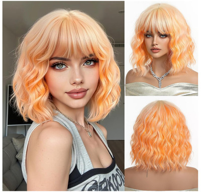 Orange Short Bob Wavy Wig with Bangs Shoulder Length Synthetic Cosplay Wig