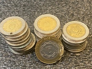 Argentina Bi-Metallic Coins; 27 one peso. 1two peso coins, Circulated
