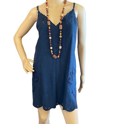 ASTR The Label Womens Sz M Linen Shift Dress Navy Blue V-Neck