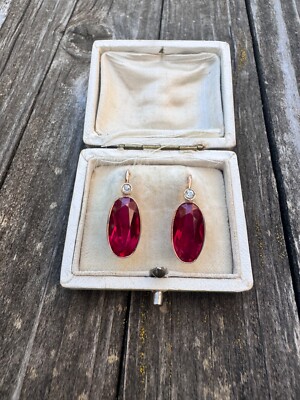 Antique Rare 14k Solid red Gold Big Rubi & Diamond Earrings