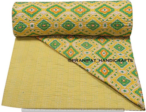 Queen Ikat Throw Summer Cotton Yellow Home Decor Blanket Kantha Quilt Bedspread - Picture 3 of 4