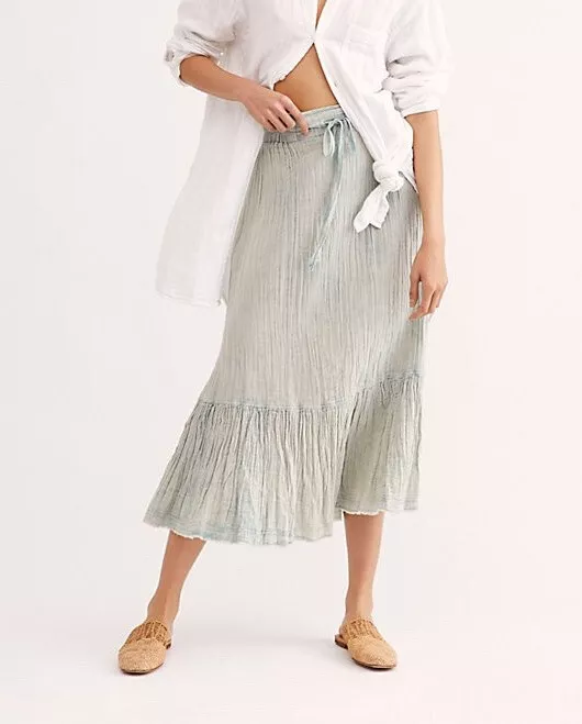Free People Mellow Acid Wash Midi Skirt In Polar Fog Xs