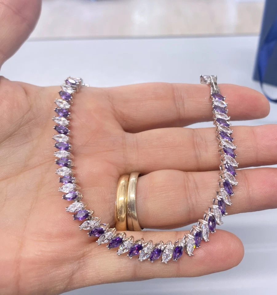 Bracciale Tennis Striscia Viola pl. oro Bianco 18k con Cristalli Zirconi B96 - Immagine 3 di 4