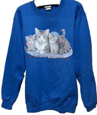 Vintage Gray Kitten Cat Blue Sweatshirt S It Says  Mother s Love Is Purr-Fect! 