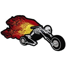FLAMING SKELETON MOTORCYCLE PATCH - FIRE SKULL IRON-ON EMBROIDERED CHOPPER BIKER