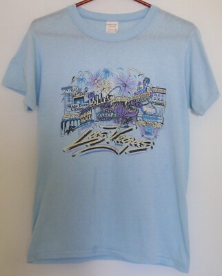 Las Vegas Vintage Top Blouse Glitter Large Blue Casinos Made In USA Short Sleeve