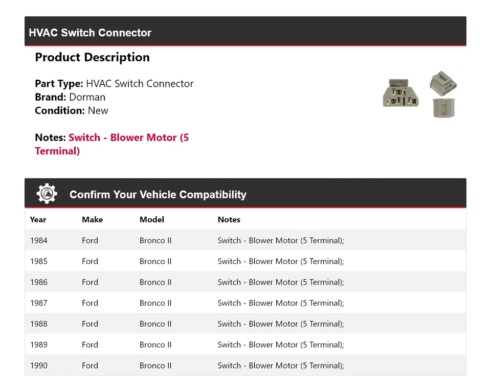 Conector de interruptor de climatización para Ford Bronco II Dorman 1984-1990 1985 1986 1987 1988 Foto 2 de 4