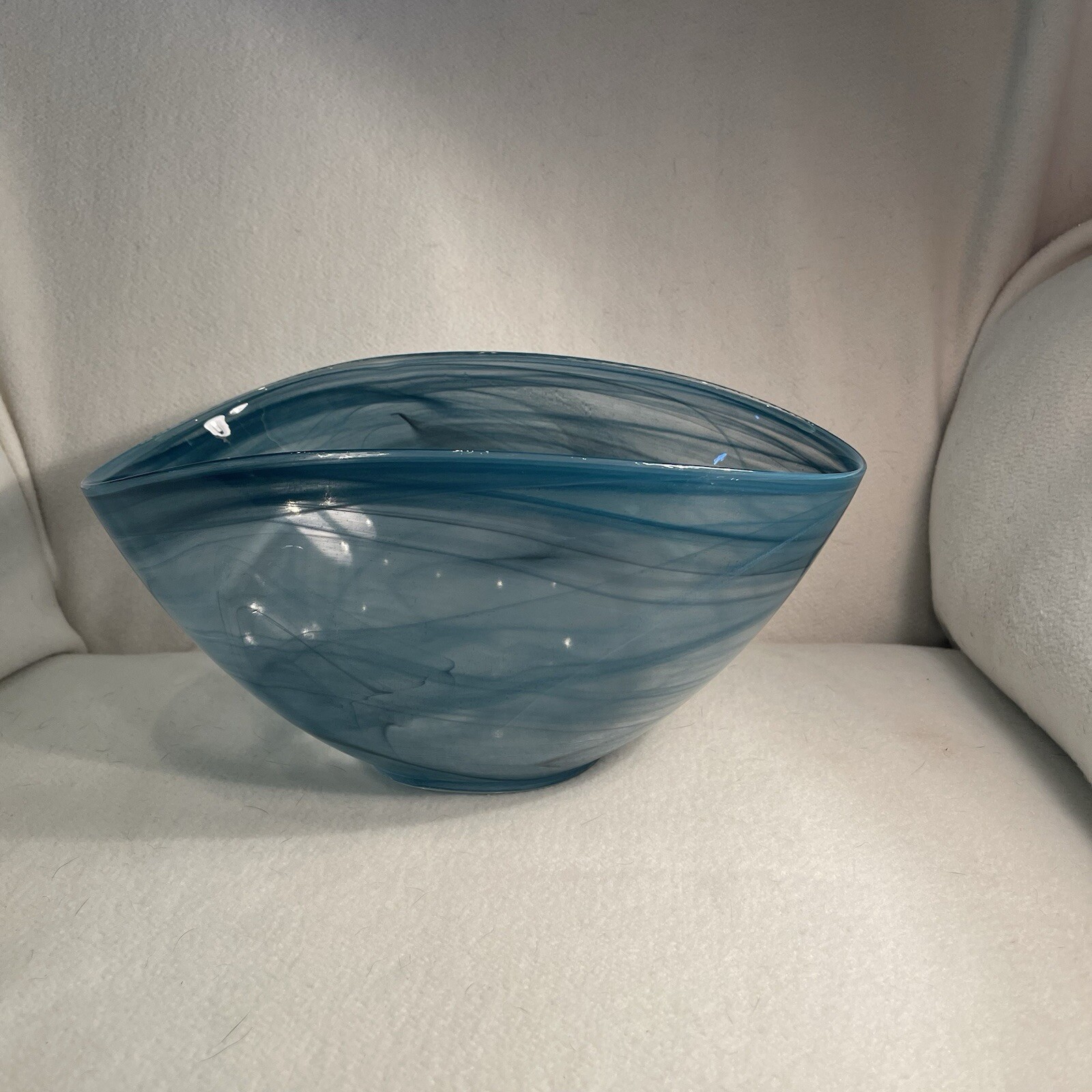 Teal Blue Swirl Folded Glass Oval Serving Bowl for Artistic Accents