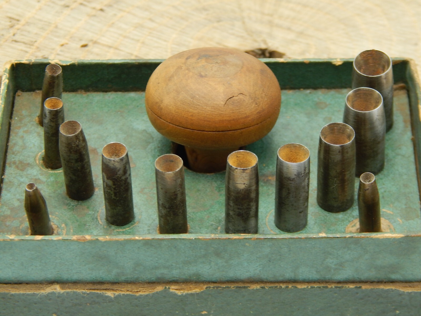 Vintage clockmakers clock repair tool 14 piece pivot Hole closing punch