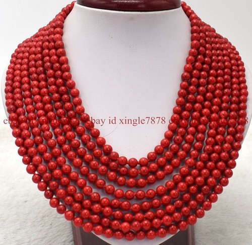 Long 120 Inch 8mm South Sea Red Coral Round Gemstone Beads Necklace - Picture 4 of 12