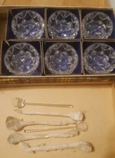 Vtg Set of 6 Salt Crystal Bowls &Spoons BOHEMIA Cut Glass Made in Czechoslovakia