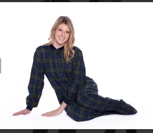 Big Feet Navy Blue & Green Tartan Plaid Flannel Adult Footed Pajamas - Picture 2 of 3