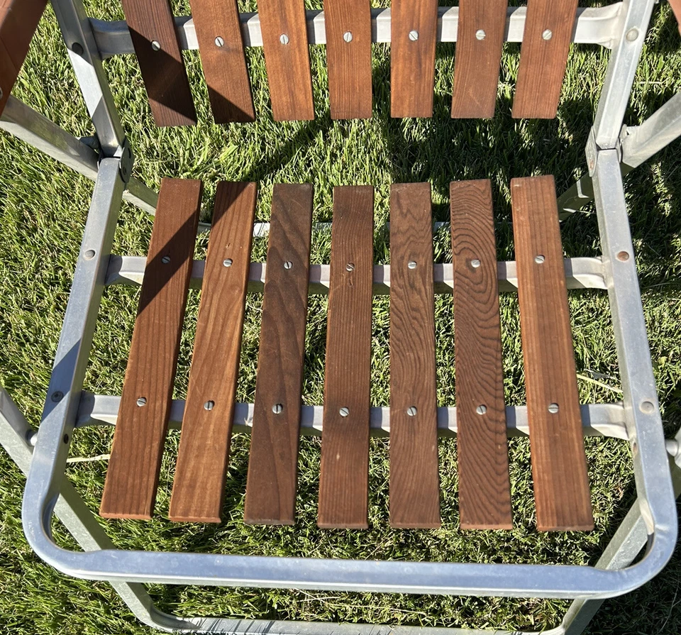 Wood 7 Slat & Aluminum Folding Lawn Chair Vintage MCM - Image 2 of 4