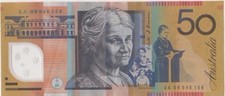 Banknote Australia $50 Stevens Henry polymer first prefix AA08 946156, VF